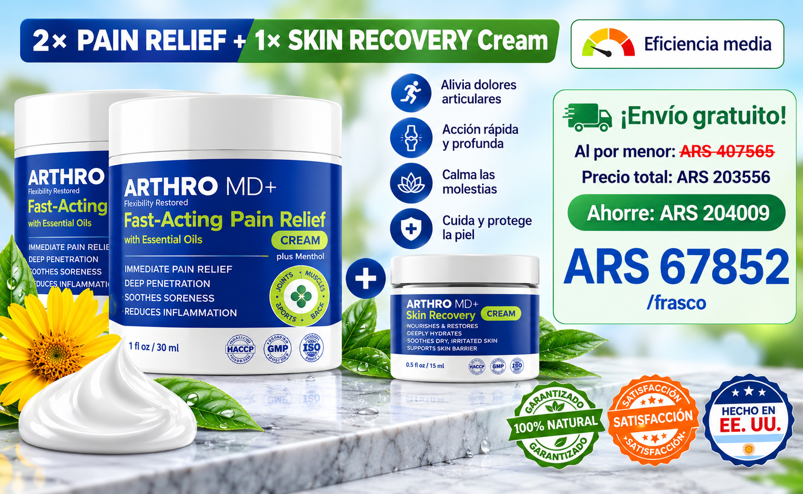 Imagen promocional del paquete de dos Arthro MD+ y un bono Skin Recovery